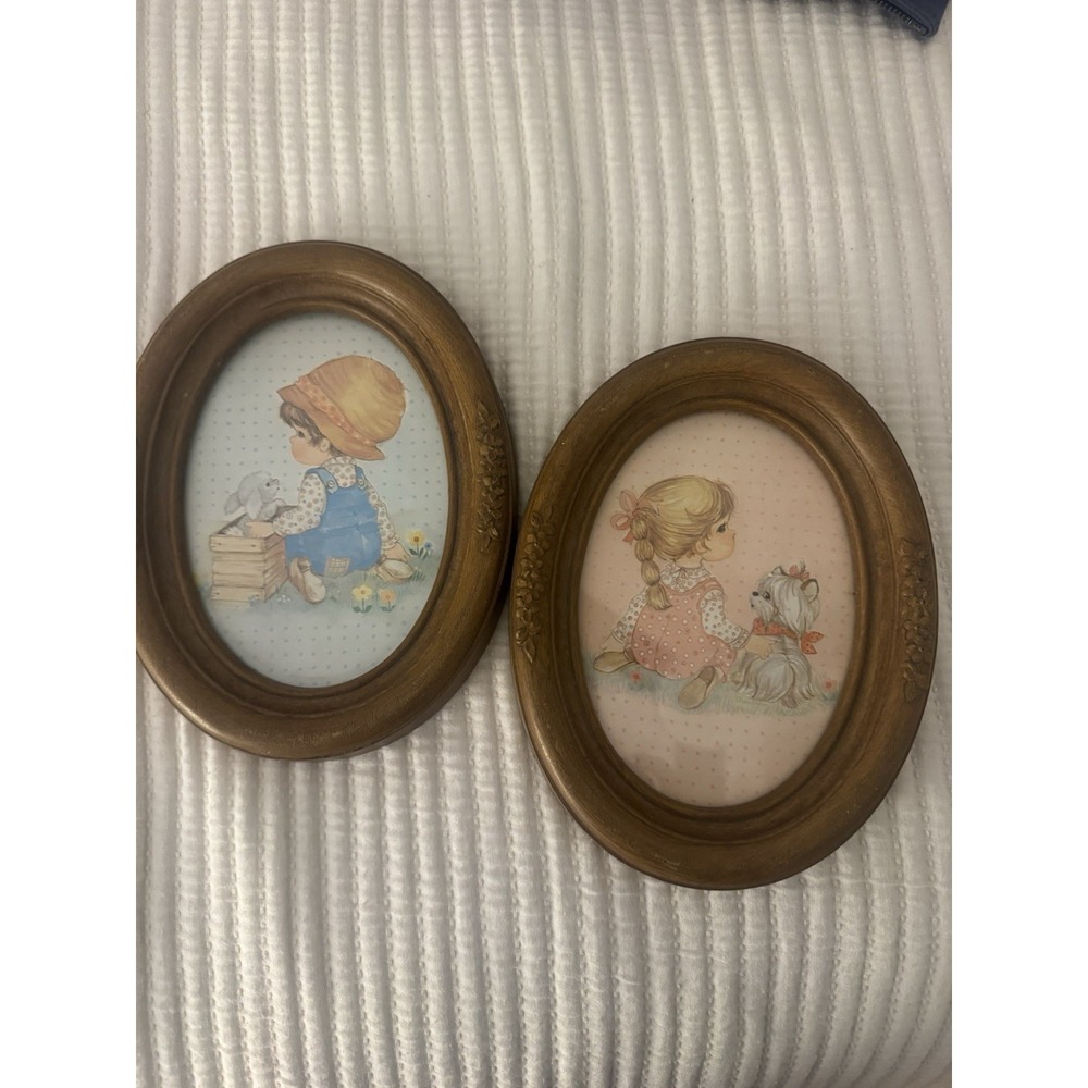 Vintage 1980's HOMCO‎ Boy Bunny Girl Puppy Oval Framed Prints Nursery Wall Decor